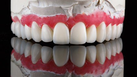 veneers and bridges prostheses of the upper jaw on a model on black glass with reflectionの写真素材