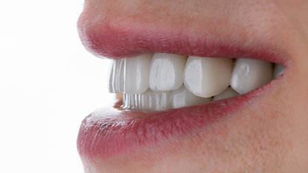 smile with ceramic veneers, side view on a white background
