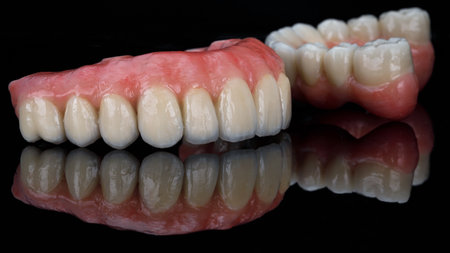 two excellent dental prostheses with a beautiful pink gum on black glass with reflection