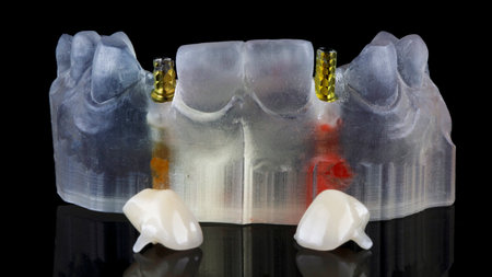 dental model with abutments for prosthetics of two teeth and crowns lying nearby on a black...