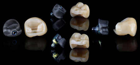 creative collage dental crown made of zircon and titanium crown base, on black glass with reflectionの写真素材