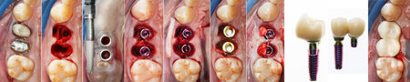 dental collage of tooth extraction, implantation, installation of shapers and prosthetics