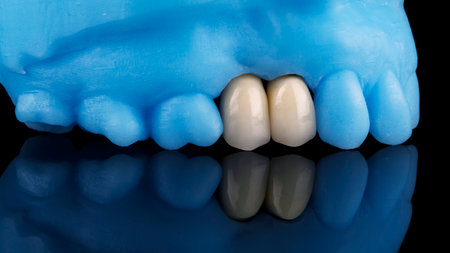 two crowns on a blue dental model on black glass with reflectionの写真素材