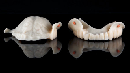 two mock-ups of the prosthesis of two jaws with markers for scanningの写真素材