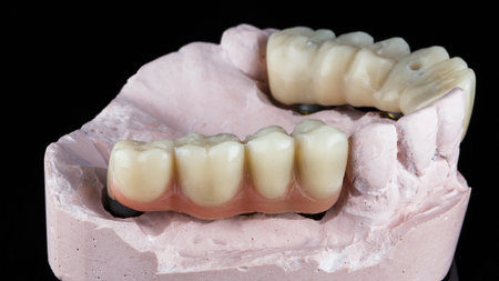 Dental plaster model with bridge prostheses with gums on a black background