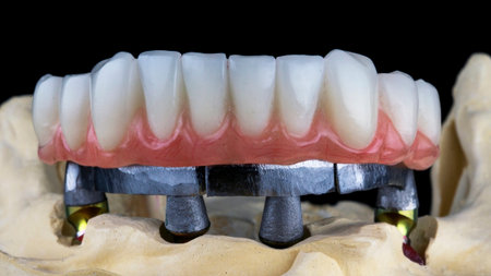 dental beam made of metal and temporary prosthesis with gums of the lower jawの写真素材