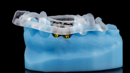 surgical dental template on a blue model for installing two implants and abutments