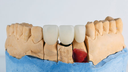 three temporary dental crowns of the central teeth on a plaster model
