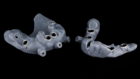 two gray surgical dental templates for total implantation on a black backgroundの写真素材