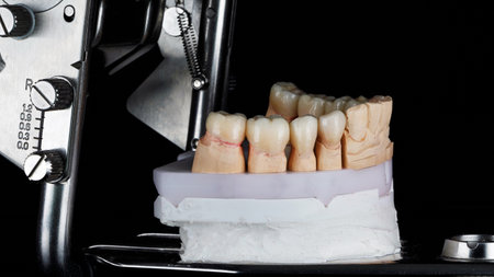 dental model of the lower jaw in an articulator with ceramic crowns