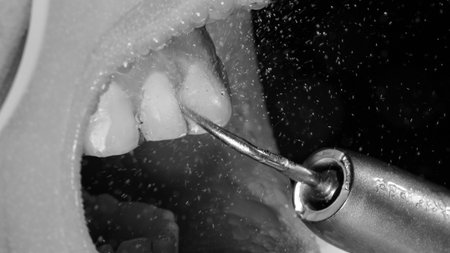black and white dental photo during an ultrasound hygiene procedure on a black backgroundの写真素材