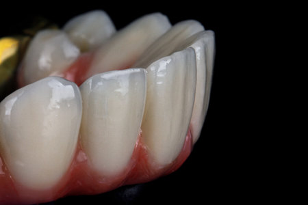 macro dental photo of the prosthesis and relief of the central teeth on a black backgroundの写真素材