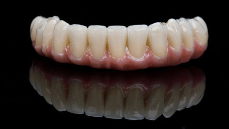 Ceramic prosthesis of the lower jaw with a pink gum on a black glass with a reflection