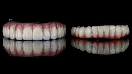 dental composition of two prostheses of the upper and lower jaws on black glass