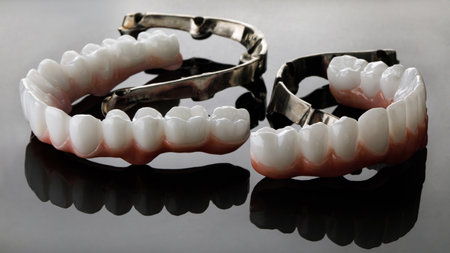 dental composition of two zircon prostheses and two titanium bars on a gray background