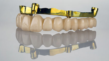 dental prosthesis of the upper jaw from zircon and a bar of gold color on top on white glass with...