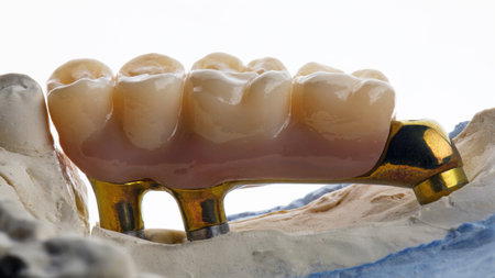 dental bridge prosthesis on a gold-colored titanium bar on a white backgroundの写真素材