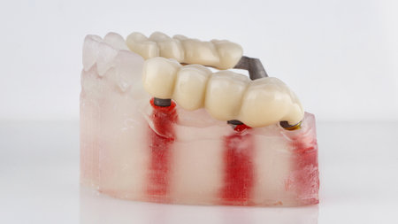 dental model with two temporary bridges on beams on a white background
