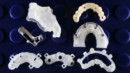 dental zygomatic implantation kit, top view on a blue background