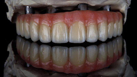 ceramic dental prosthesis of the upper jaw on the model with reflection