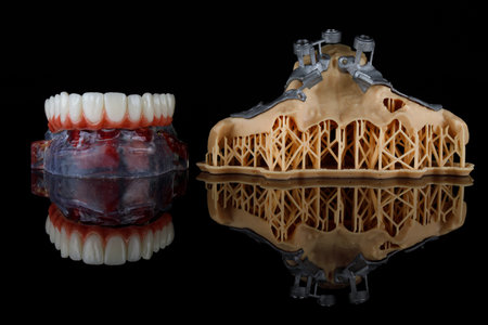upper jaw prosthesis and model with templates for zygomatic implantation on black glass with reflectionの写真素材