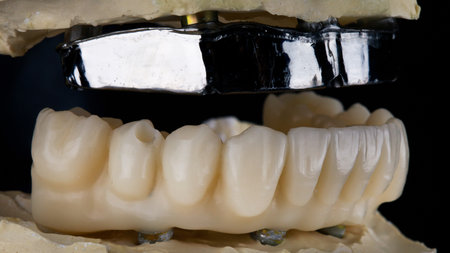 temporary prosthesis made of milled polymer and titanium bars on the modelの写真素材