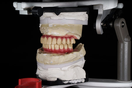 articulator with models preparing two prostheses on a black background. side view