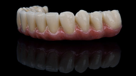 macro dental photo of a ceramic prosthesis for the lower jaw on a black background with reflectionの写真素材