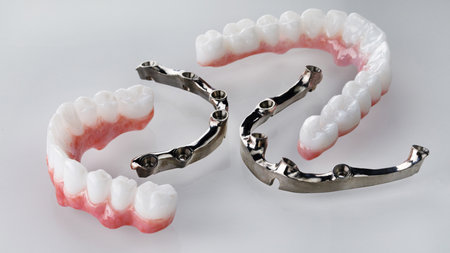 composition of a separate prosthesis of the upper and lower jaws from zircon and titanium beams on a...