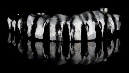excellent composition of dental bars made of titanium for a prosthesis on black glass with reflectionの写真素材