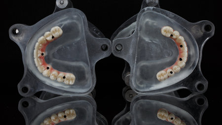 special trays with silicone for creating two dental prostheses from ceramics on a black backgroundの写真素材