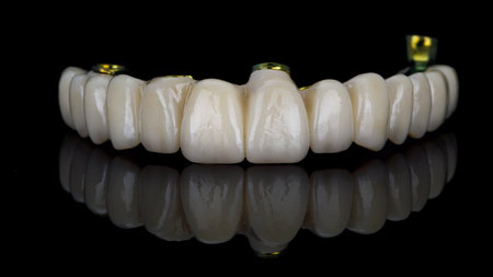 dental prosthesis of the upper jaw without gums with a gilded beam inside on black glass with reflectionの写真素材