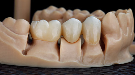 Three great dental crowns on a special jaw modelの写真素材