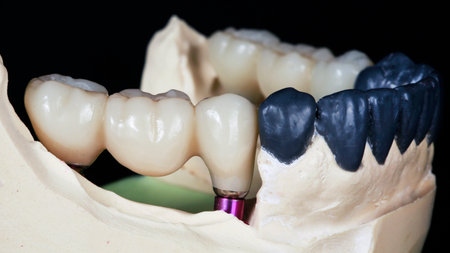 two dental prosthesis bridges on a wax-up model on a black background