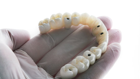 dentist orthopedist holding a prosthesis of the upper jaw made of ceramics on a white background