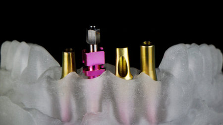 dental model from a 3d printer with different prosthetics for orthopedics on a black background