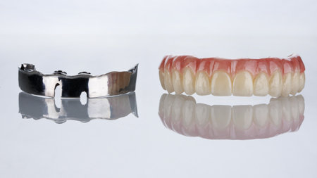 Titanium beam and zircon prosthesis on white glass with reflection