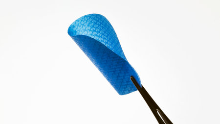 folded blue dental membrane in the form of a film for implantation on a white backgroundの写真素材