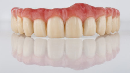 excellent dental prosthesis of the upper jaw with a realistic gum on a white background with a creative reflectionの写真素材