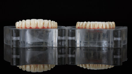 two ceramic prostheses for the upper and lower in silicone cuvettes on a black background with reflectionの写真素材