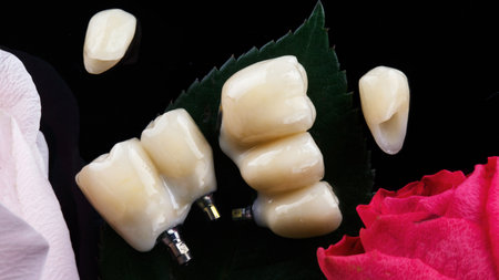 beautiful dental bridges, ceramic prostheses and a pair of crowns with flowers and a leaf, top view...