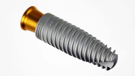 excellent photo of a dental implant and a gold-colored abutment on a white background