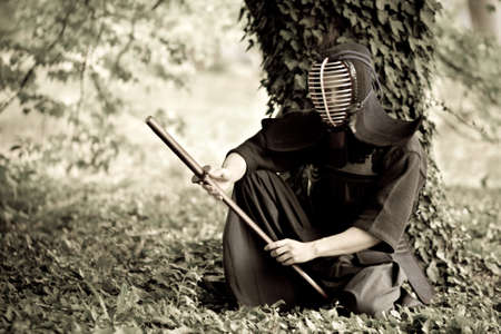 Samurai sitting under the treeの写真素材