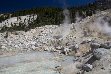 A hydrothermal vent spewing steam and volcanic gases in Lassen Volcanic National Parkの写真素材