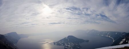 A foggy spring morning at Crater Lake National Parkの写真素材