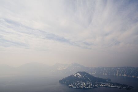 A foggy spring morning at Crater Lake National Parkの写真素材