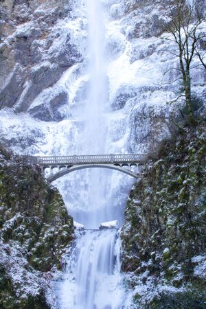 Multnomah Falls frozen in winterの写真素材