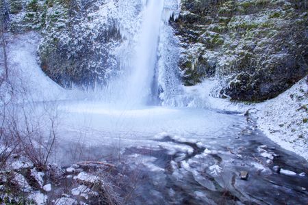 Horsetail Falls frozen in winterの写真素材