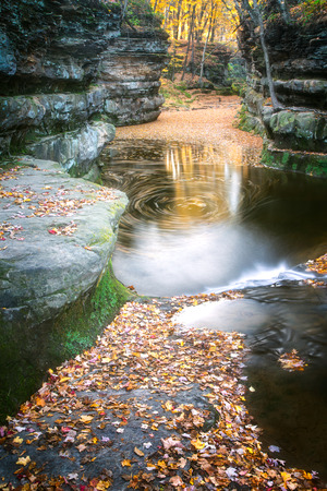 Colorful fall leaves swirl in the water late in October at Pewits Nestの写真素材
