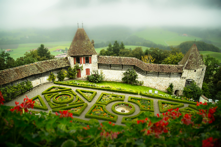 The gardens of castle Gruyeres in Switzerlandのeditorial素材